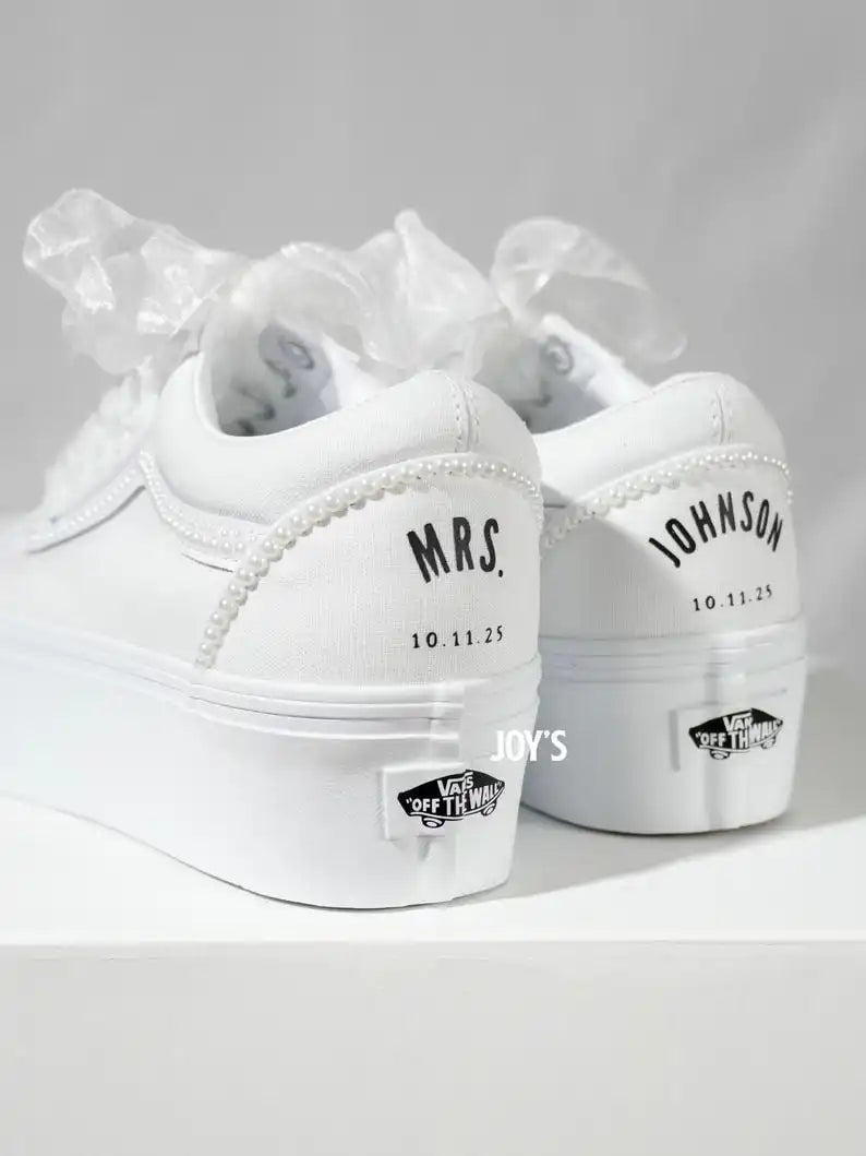 Custom Air Force 1 White Platform Pearl Embellished Bridal Wedding Shoes, Personalized Name & Wedding Date Organza Lace Up Custom Sneakers for Bride