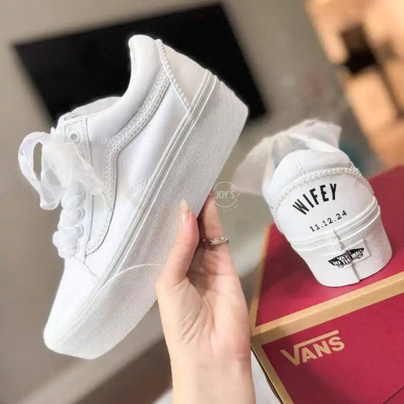 Custom Air Force 1 White Platform Pearl Embellished Bridal Wedding Shoes, Personalized Name & Wedding Date Organza Lace Up Custom Sneakers for Bride
