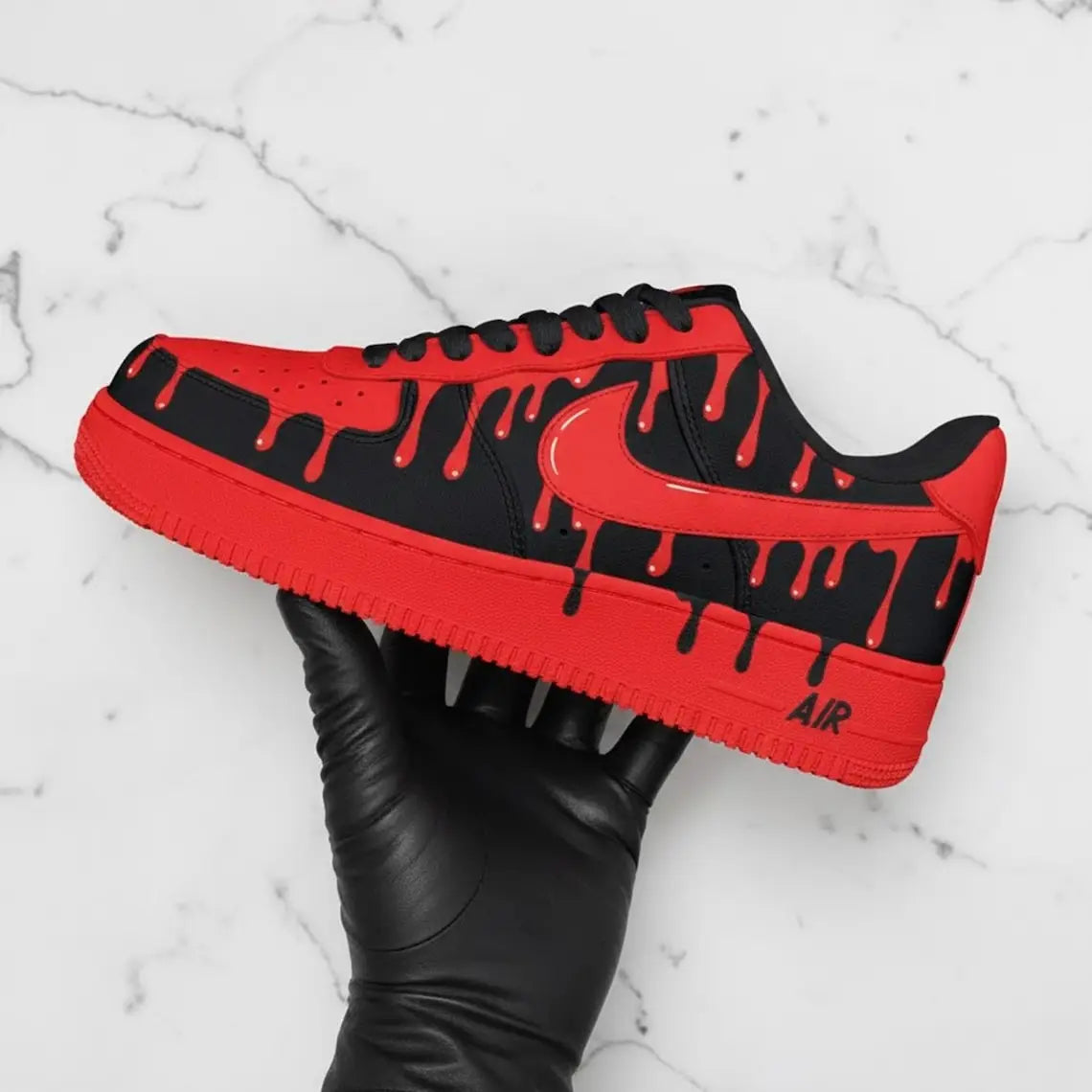 Hand Painted Red Black Drip Effect Custom Air Force 1, Hip Hop Street Style Unisex Trendy Custom Sneakers