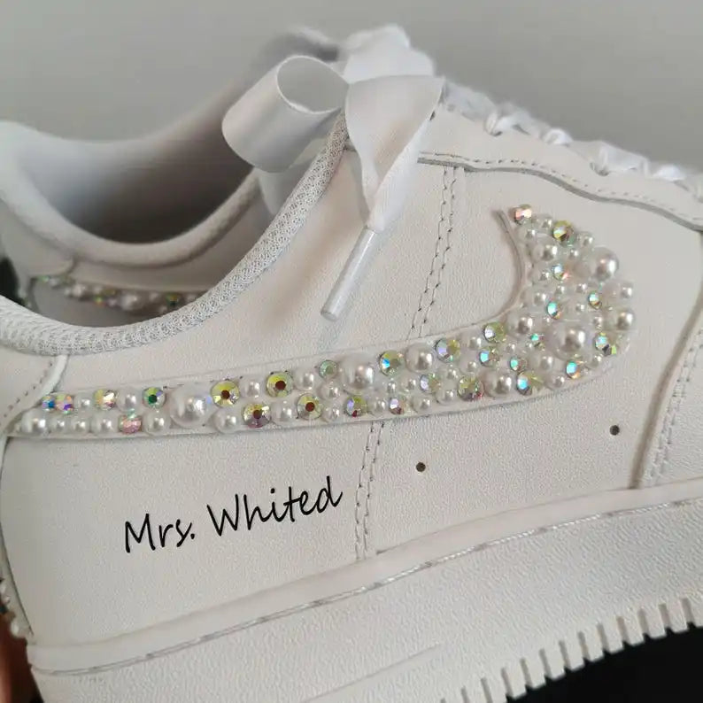 Personalized Bridal Pearl & Rhinestone Embellished Custom Air Force 1, White Satin Lace Custom Name Date Wedding Custom Sneakers for Bride