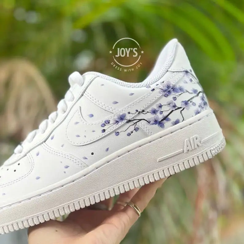 Custom Air Force 1 with Hand Painted Lavender Cherry Blossom, Aesthetic Falling Floral Petal Design Custom Sneakers for Men & Women