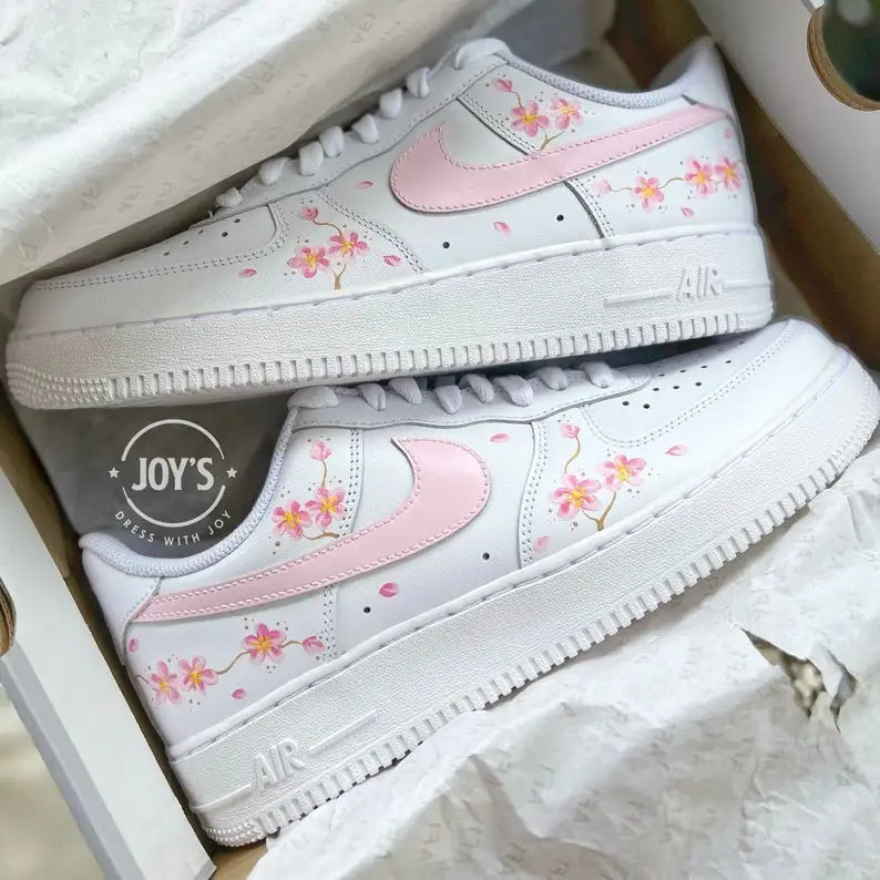 Hand Painted Pink Cherry Blossom Custom Air Force 1, Aesthetic Floral Soft Pink Custom Sneakers with Optional Interchangeable Shoelaces