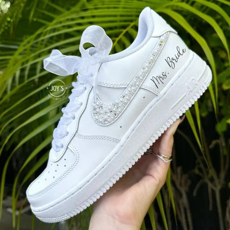 Custom Last Name & Wedding Date Pearl Rhinestone Bridal Custom Air Force 1, White Organza Ribbon Lace Comfortable Wedding Custom Sneakers for Bride