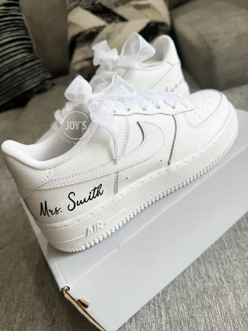 Custom Last Name & Wedding Date Pearl Rhinestone Bridal Custom Air Force 1, White Organza Ribbon Lace Comfortable Wedding Custom Sneakers for Bride