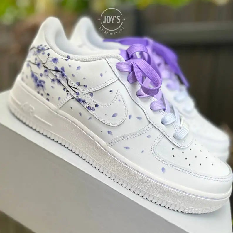 Custom Air Force 1 with Hand Painted Lavender Cherry Blossom, Aesthetic Falling Floral Petal Design Custom Sneakers for Men & Women