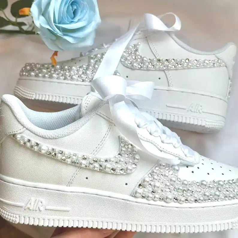 Personalized Name & Date Pearl Rhinestone Embellished Wedding Bridal Custom Air Force 1, White Satin Bow Lace Comfortable Non-slip Bridal Custom Sneakers