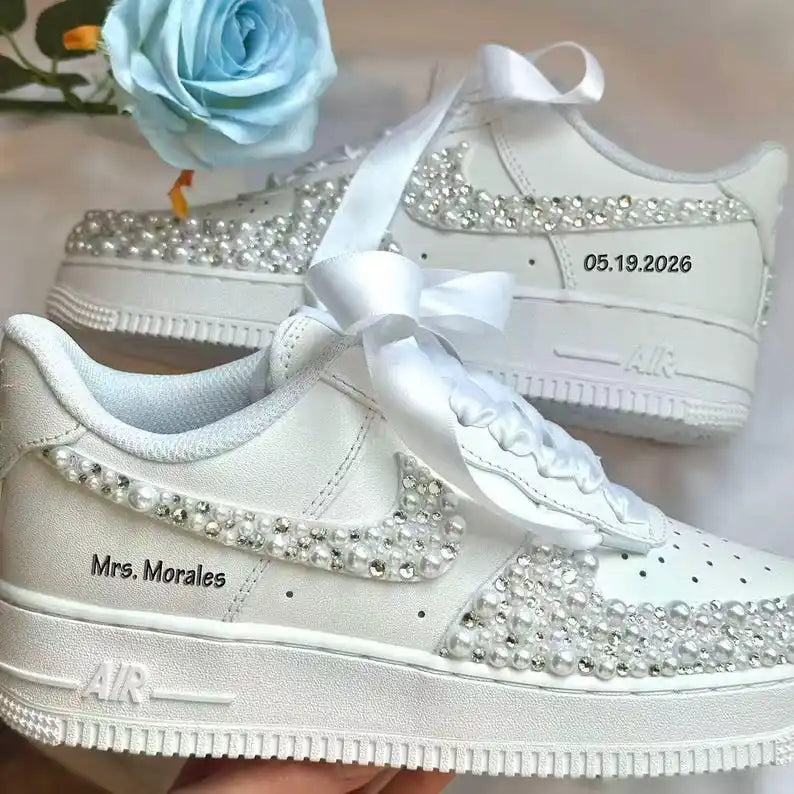 Personalized Name & Date Pearl Rhinestone Embellished Wedding Bridal Custom Air Force 1, White Satin Bow Lace Comfortable Non-slip Bridal Custom Sneakers