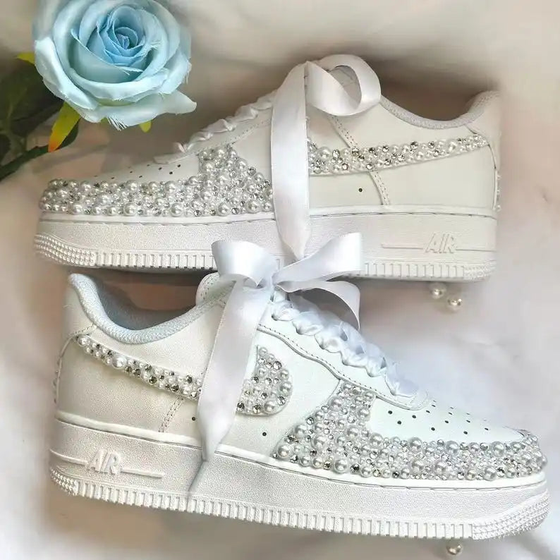 Personalized Name & Date Pearl Rhinestone Embellished Wedding Bridal Custom Air Force 1, White Satin Bow Lace Comfortable Non-slip Bridal Custom Sneakers