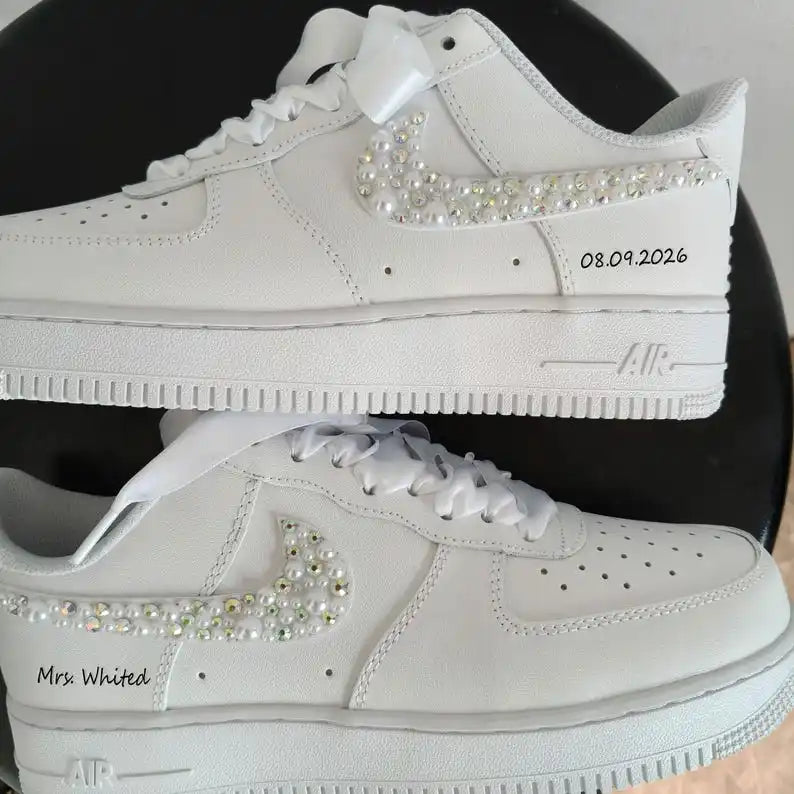 Personalized Bridal Pearl & Rhinestone Embellished Custom Air Force 1, White Satin Lace Custom Name Date Wedding Custom Sneakers for Bride