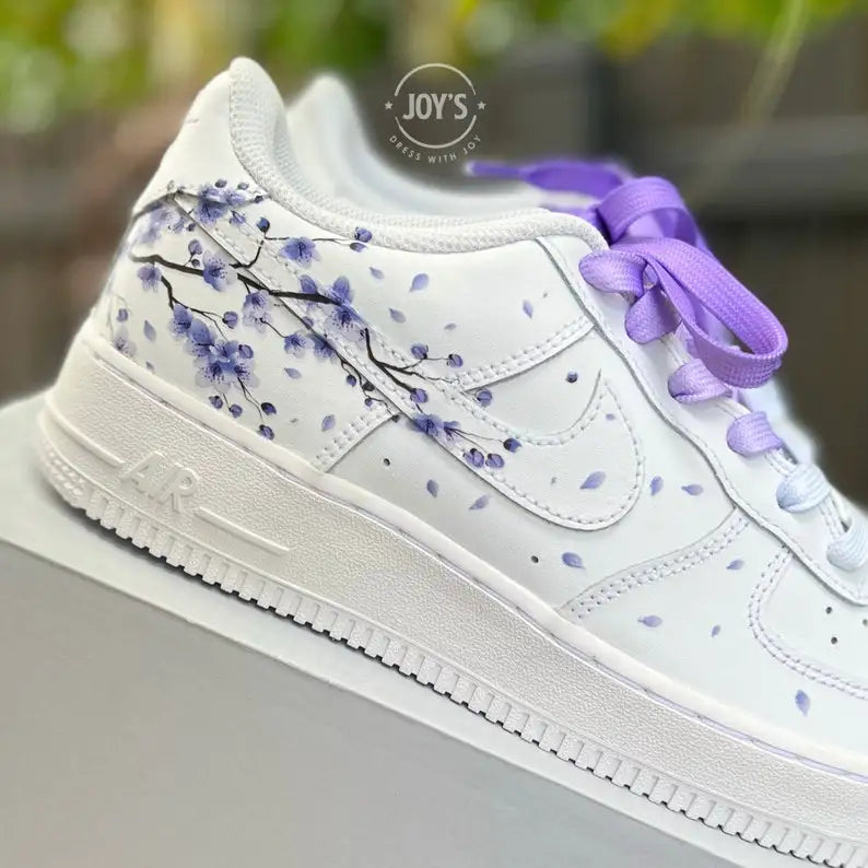 Custom Air Force 1 with Hand Painted Lavender Cherry Blossom, Aesthetic Falling Floral Petal Design Custom Sneakers for Men & Women