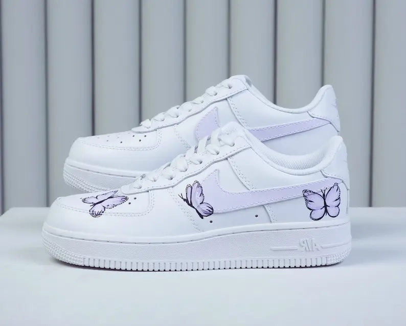 Hand-painted Light Purple Butterfly Custom Air Force 1, Cute Aesthetic White Casual Women's Custom Sneakers Ideal Gift For Girls