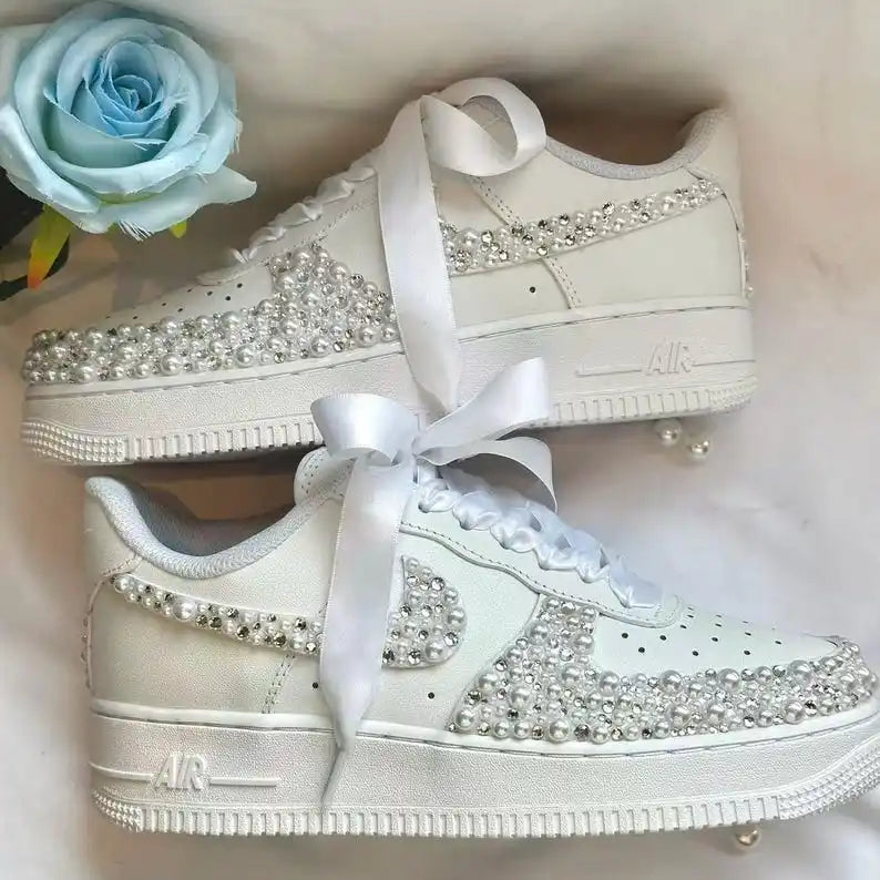 Personalized Name & Date Pearl Rhinestone Embellished Wedding Bridal Custom Air Force 1, White Satin Bow Lace Comfortable Non-slip Bridal Custom Sneakers