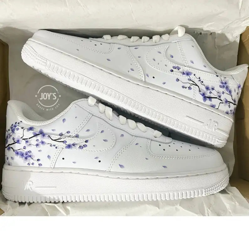Custom Air Force 1 with Hand Painted Lavender Cherry Blossom, Aesthetic Falling Floral Petal Design Custom Sneakers for Men & Women