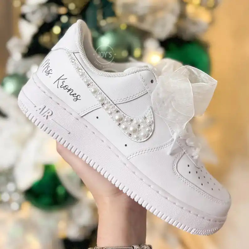 Custom Last Name & Wedding Date Pearl Rhinestone Bridal Custom Air Force 1, White Organza Ribbon Lace Comfortable Wedding Custom Sneakers for Bride