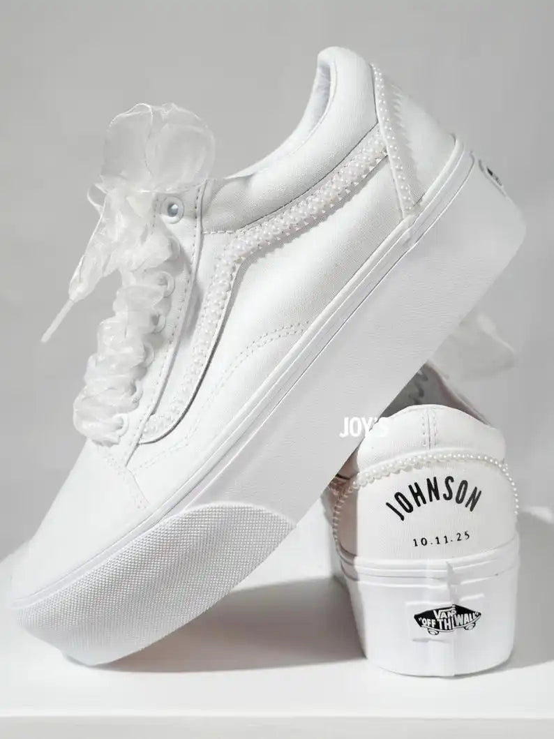Custom Air Force 1 White Platform Pearl Embellished Bridal Wedding Shoes, Personalized Name & Wedding Date Organza Lace Up Custom Sneakers for Bride