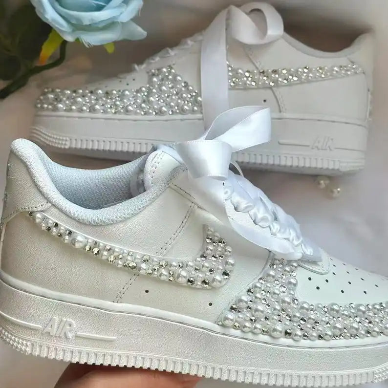 Personalized Name & Date Pearl Rhinestone Embellished Wedding Bridal Custom Air Force 1, White Satin Bow Lace Comfortable Non-slip Bridal Custom Sneakers