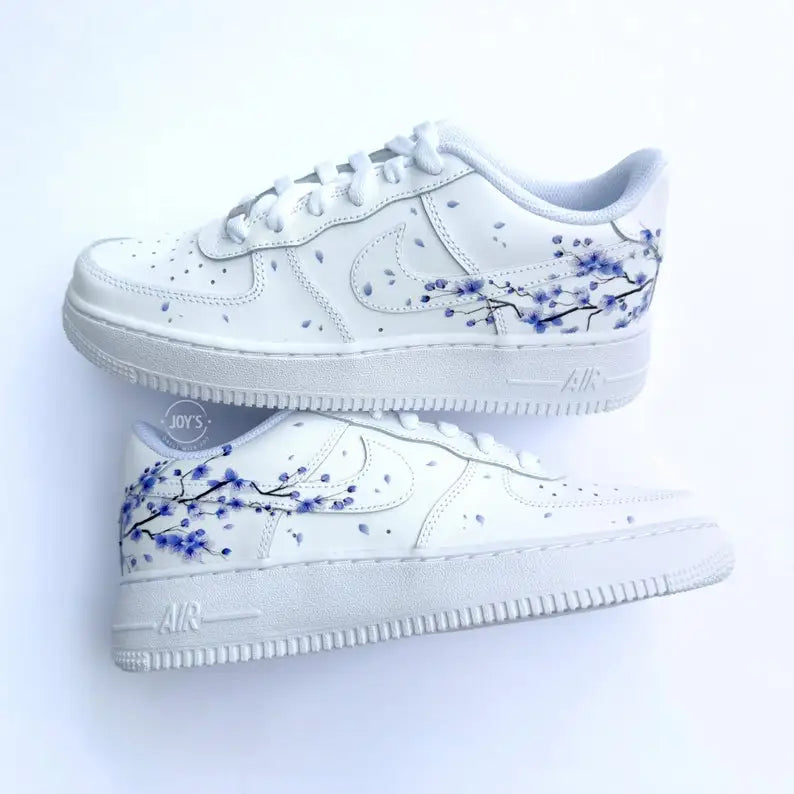 Custom Air Force 1 with Hand Painted Lavender Cherry Blossom, Aesthetic Falling Floral Petal Design Custom Sneakers for Men & Women