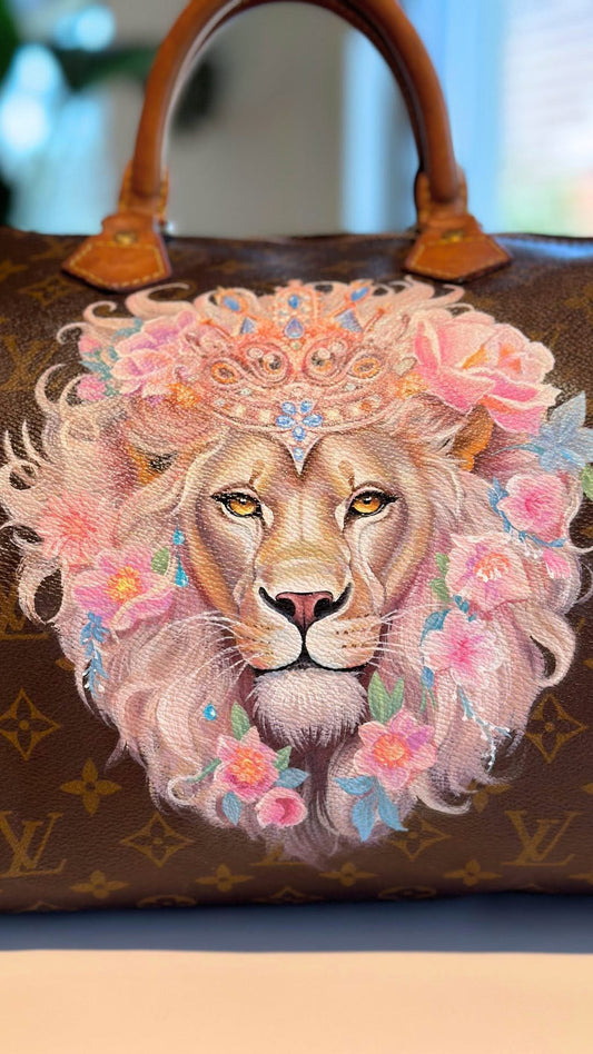 Custom Hand Painted Floral Lion Handbag