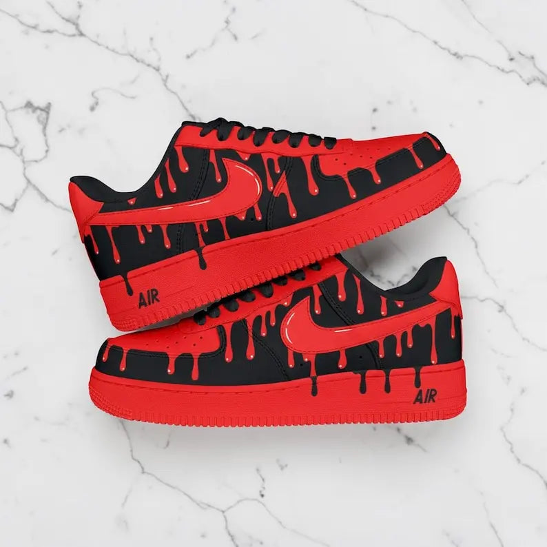 Hand Painted Red Black Drip Effect Custom Air Force 1, Hip Hop Street Style Unisex Trendy Custom Sneakers