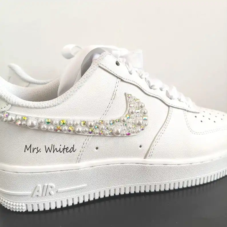 Personalized Bridal Pearl & Rhinestone Embellished Custom Air Force 1, White Satin Lace Custom Name Date Wedding Custom Sneakers for Bride