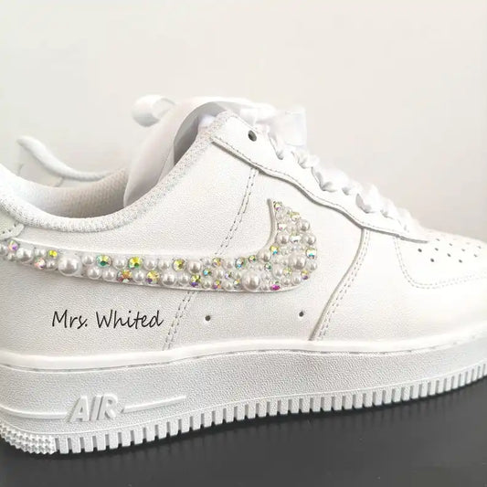 Personalized Bridal Pearl & Rhinestone Embellished Custom Air Force 1, White Satin Lace Custom Name Date Wedding Custom Sneakers for Bride