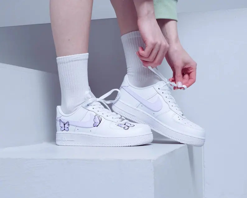 Hand-painted Light Purple Butterfly Custom Air Force 1, Cute Aesthetic White Casual Women's Custom Sneakers Ideal Gift For Girls