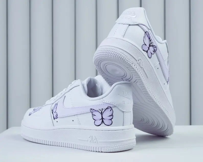 Hand-painted Light Purple Butterfly Custom Air Force 1, Cute Aesthetic White Casual Women's Custom Sneakers Ideal Gift For Girls