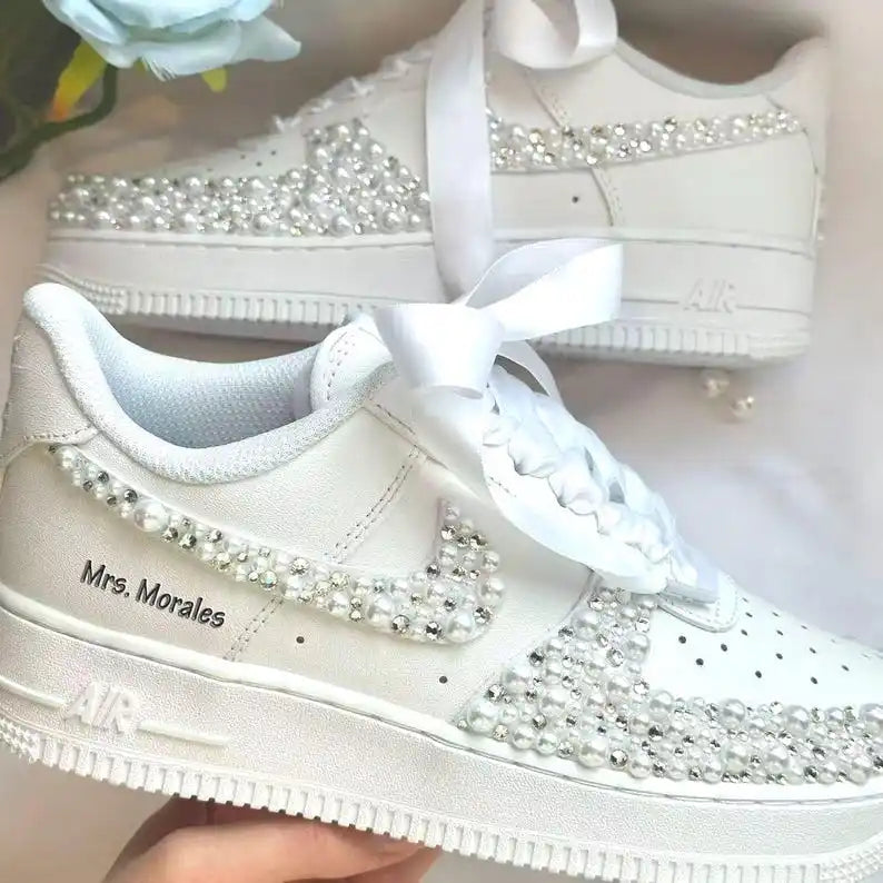 Personalized Name & Date Pearl Rhinestone Embellished Wedding Bridal Custom Air Force 1, White Satin Bow Lace Comfortable Non-slip Bridal Custom Sneakers