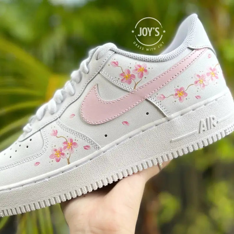 Hand Painted Pink Cherry Blossom Custom Air Force 1, Aesthetic Floral Soft Pink Custom Sneakers with Optional Interchangeable Shoelaces