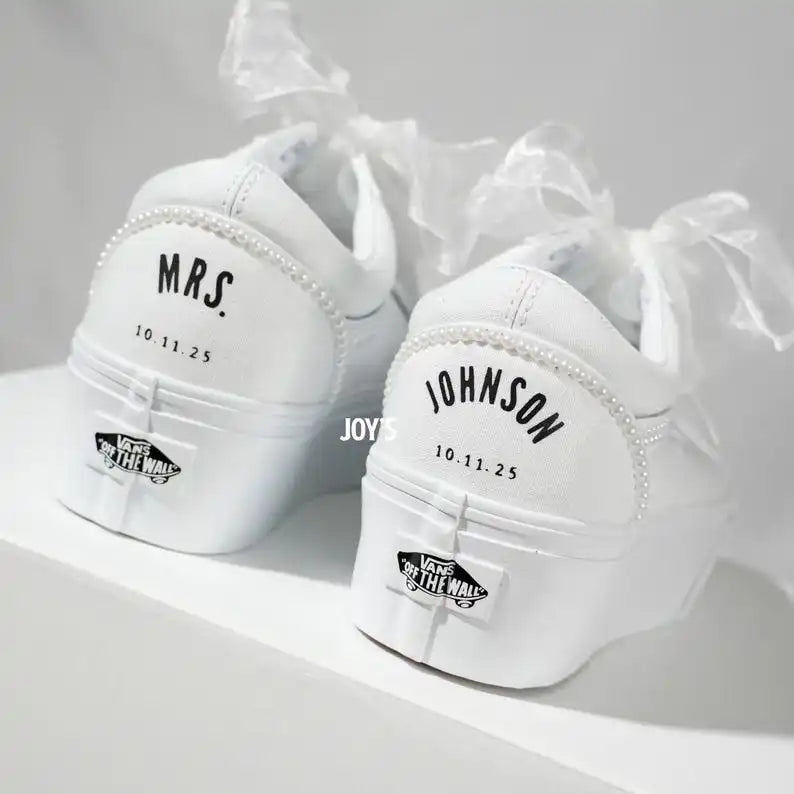 Custom Air Force 1 White Platform Pearl Embellished Bridal Wedding Shoes, Personalized Name & Wedding Date Organza Lace Up Custom Sneakers for Bride