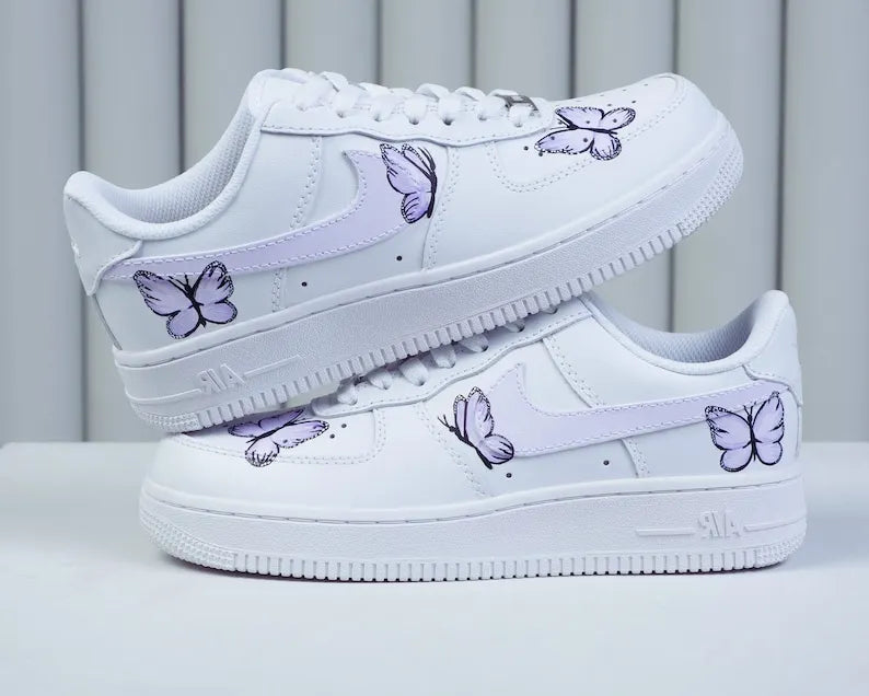 Hand-painted Light Purple Butterfly Custom Air Force 1, Cute Aesthetic White Casual Women's Custom Sneakers Ideal Gift For Girls
