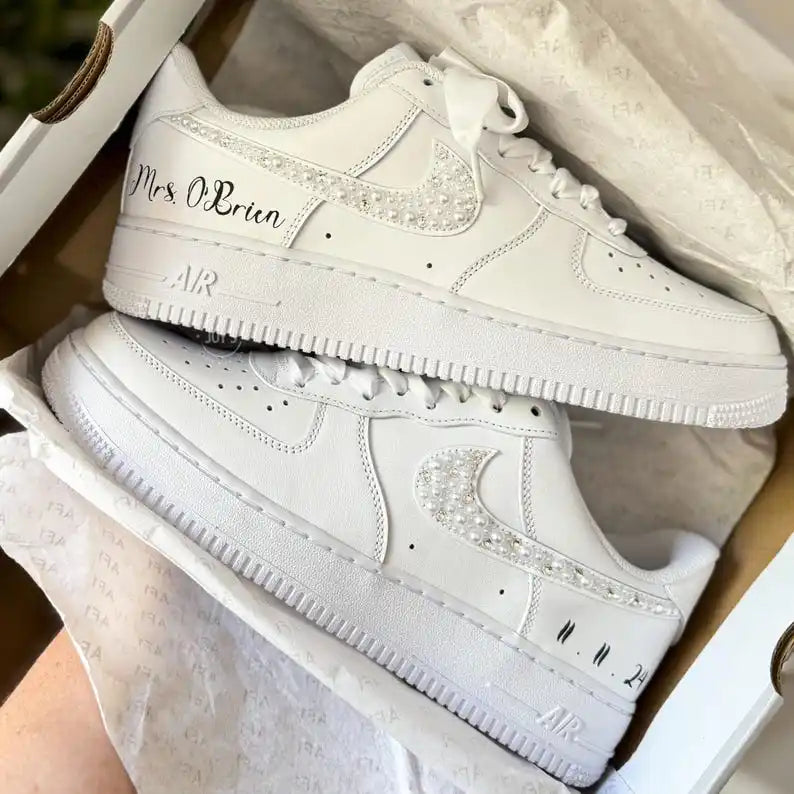 Custom Last Name & Wedding Date Pearl Rhinestone Bridal Custom Air Force 1, White Organza Ribbon Lace Comfortable Wedding Custom Sneakers for Bride