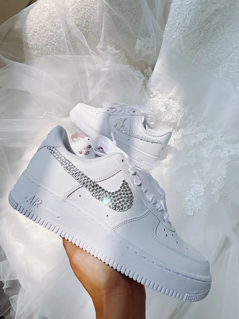 Personalized Bling Rhinestone Pearl Decorated Wedding Bridal custom air force 1, Custom Name & Wedding Date White Satin Lace Sparkly Bridal custom sneakers, Crystal Embellished Comfortable Bride Wedding Shoes