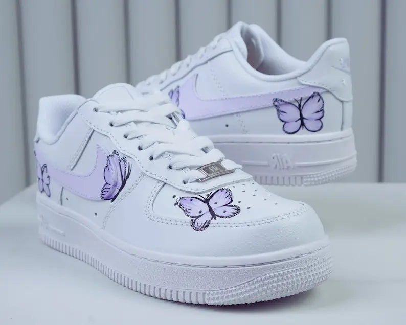 Hand-painted Light Purple Butterfly Custom Air Force 1, Cute Aesthetic White Casual Women's Custom Sneakers Ideal Gift For Girls