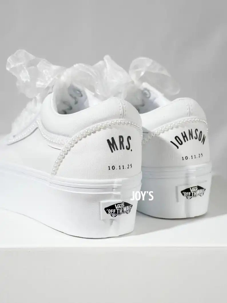 Custom Air Force 1 White Platform Pearl Embellished Bridal Wedding Shoes, Personalized Name & Wedding Date Organza Lace Up Custom Sneakers for Bride
