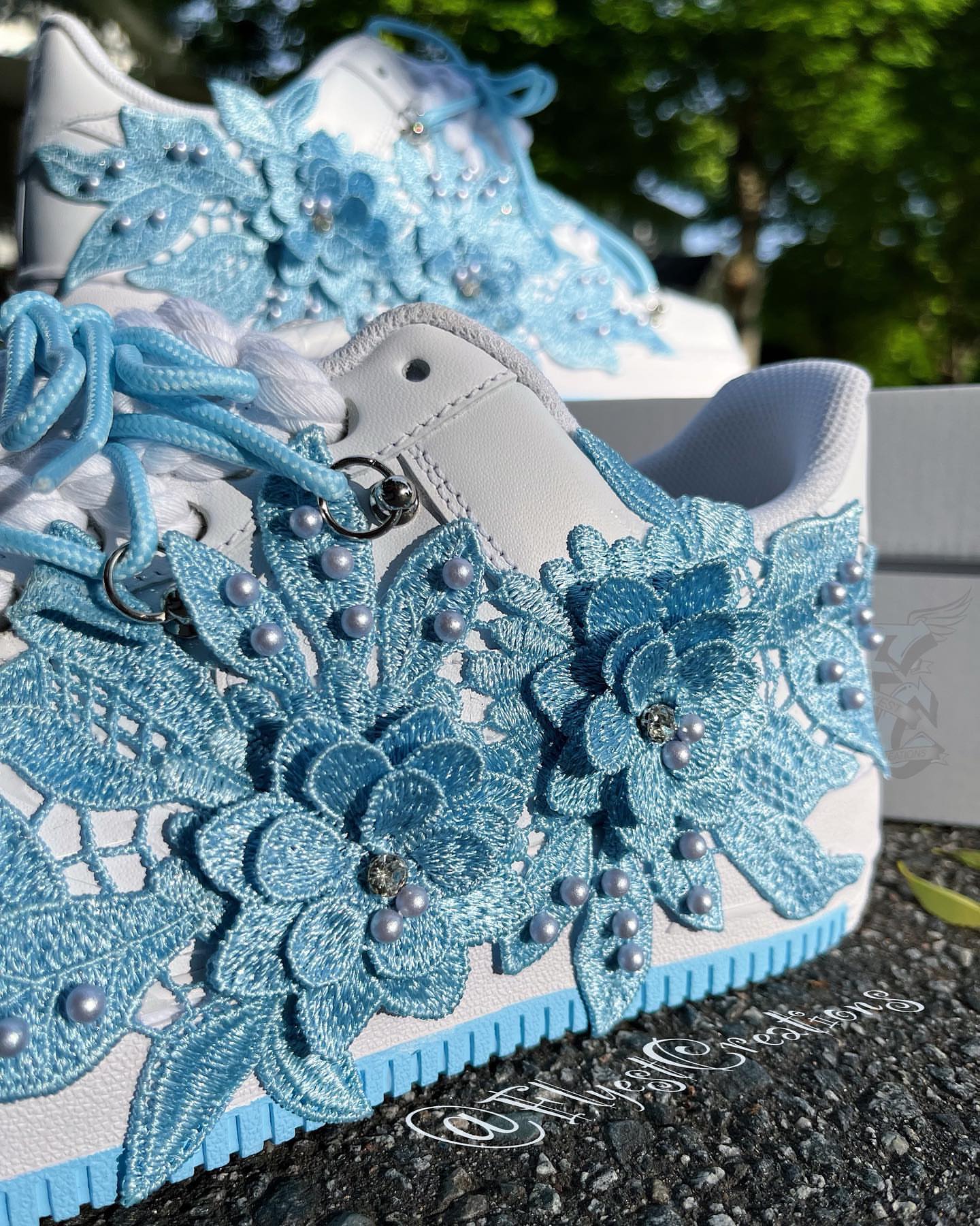 Handmade Blue Floral Pearl Custom Air Force 1 Sneakers