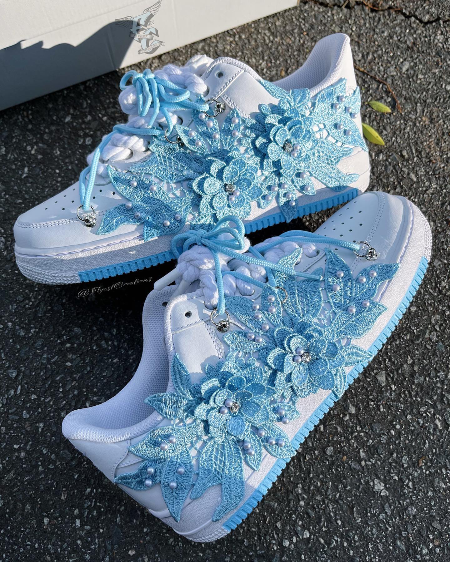 Handmade Blue Floral Pearl Custom Air Force 1 Sneakers