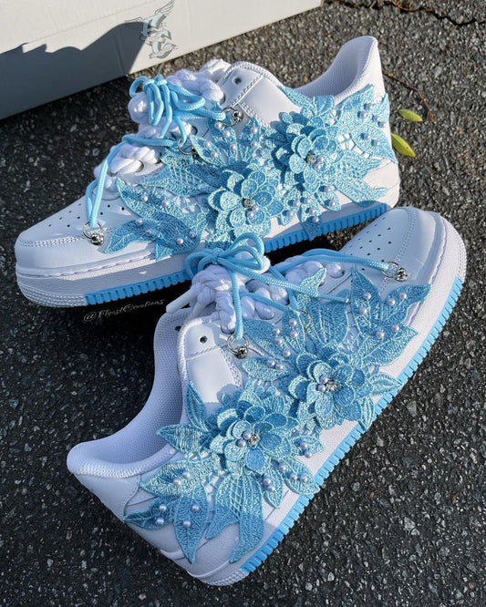 Handmade Blue Floral Pearl Custom Air Force 1 Sneakers