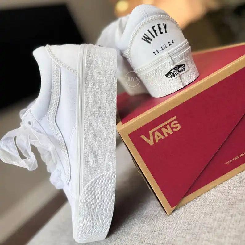 Custom Air Force 1 White Platform Pearl Embellished Bridal Wedding Shoes, Personalized Name & Wedding Date Organza Lace Up Custom Sneakers for Bride