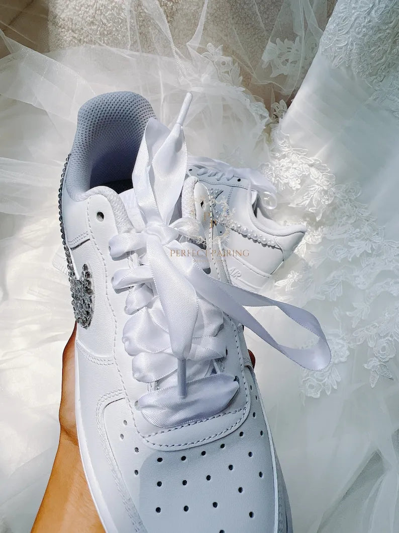 Personalized Bling Rhinestone Pearl Decorated Wedding Bridal custom air force 1, Custom Name & Wedding Date White Satin Lace Sparkly Bridal custom sneakers, Crystal Embellished Comfortable Bride Wedding Shoes