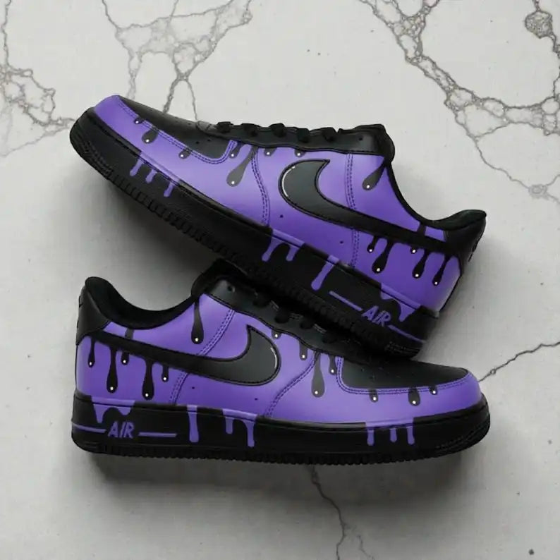 Purple Black Drip Effect Hand Painted Custom Air Force 1 Custom Sneakers Unisex Trendy Streetwear Unique Customized Casual Athletic Shoes