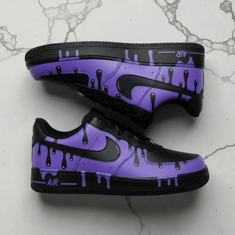 Purple Black Drip Effect Hand Painted Custom Air Force 1 Custom Sneakers Unisex Trendy Streetwear Unique Customized Casual Athletic Shoes