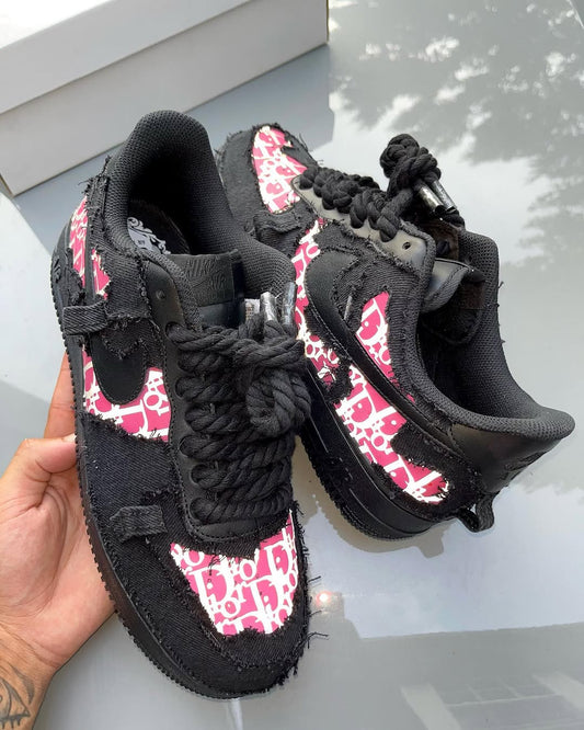 Hand Painted Distressed Black Pink Custom Air Force 1 Sneakers