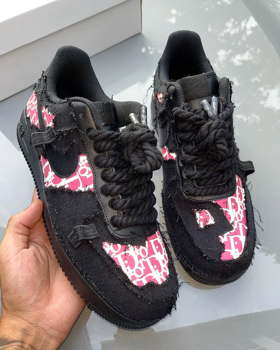 Hand Painted Distressed Black Pink Custom Air Force 1 Sneakers