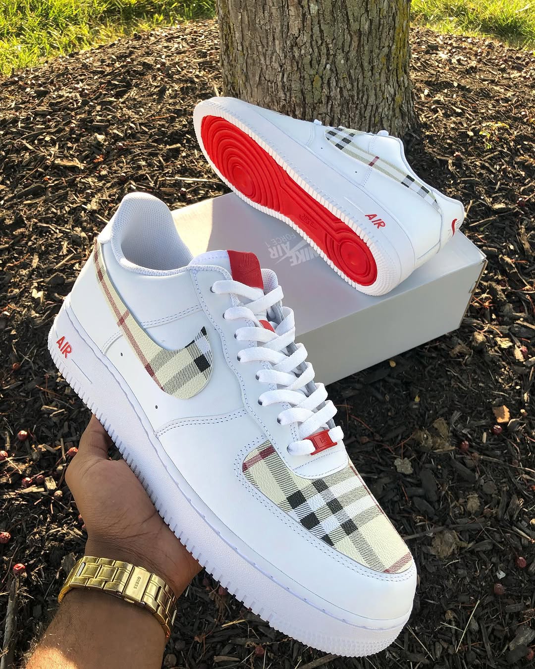 Hand Painted Plaid Custom Air Force 1 with Red Soles
