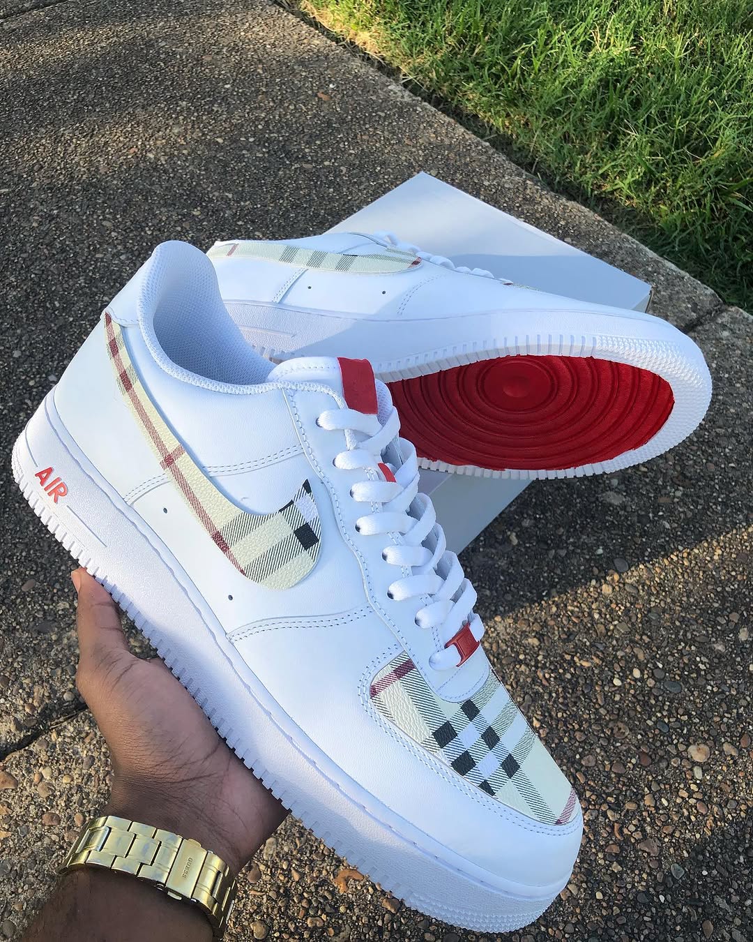 Hand Painted Plaid Custom Air Force 1 with Red Soles