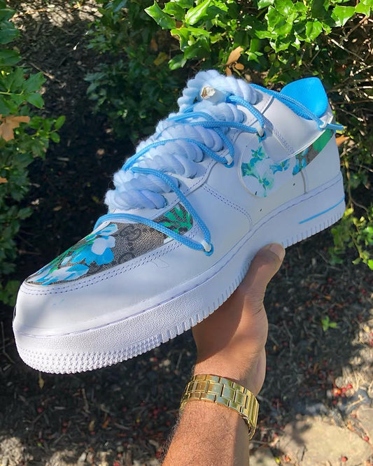 Hand Painted Blue Floral Custom Air Force 1 Sneakers
