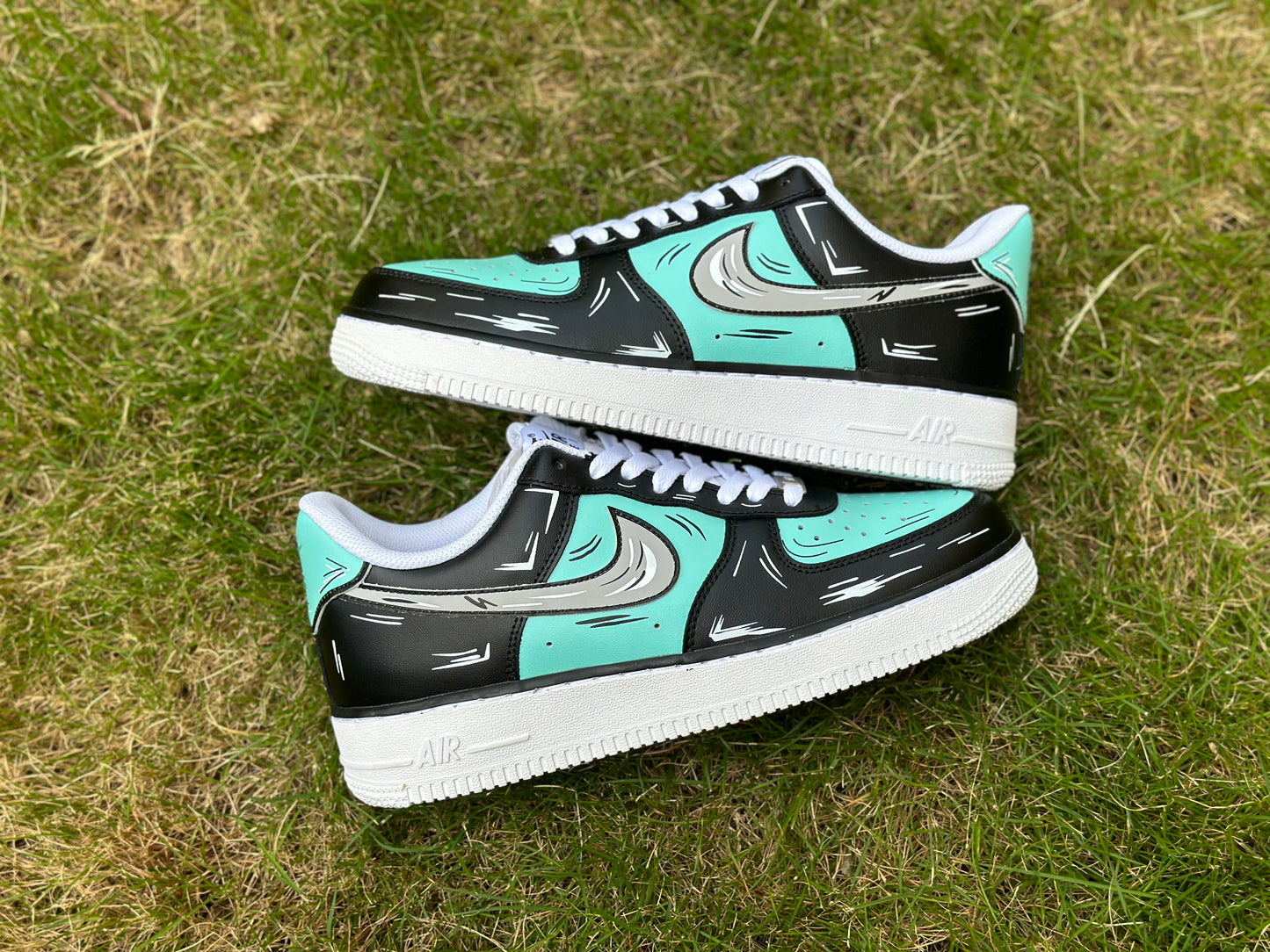 Custom Air Force 1 Teal Blue Black Cartoon Lines