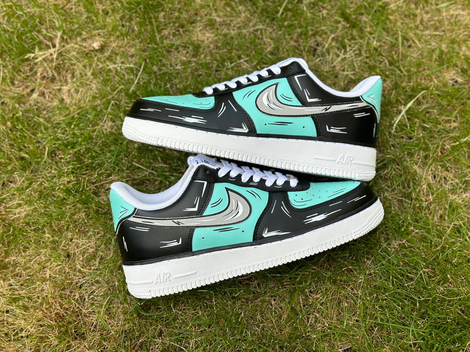 Custom Air Force 1 Teal Blue Black Cartoon Lines