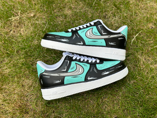 Custom Air Force 1 Teal Blue Black Cartoon Lines